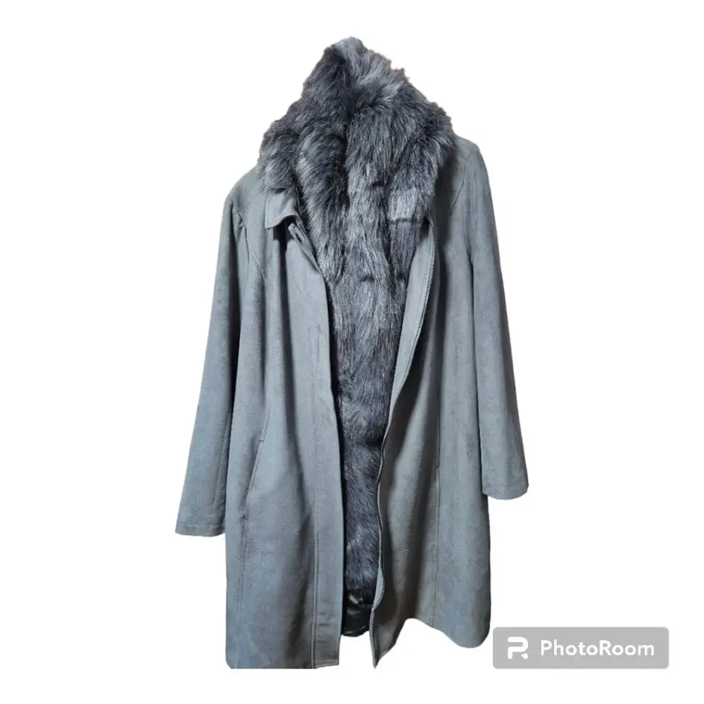 HALSTON Microfiber Zipper Coat with Matching Faux Fur Scarf Wrap